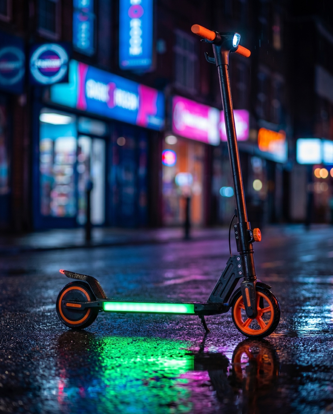Электросамокат Kugoo с зелёной LED-подсветкой на ночной неоновой улице